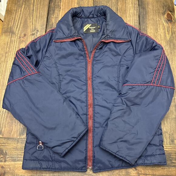 Outerwear From Sears Blue Puffer Jacket Size Tall Large Vintage Warm Red Striped - Picture 1 of 11